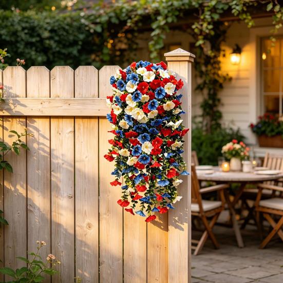 Patriotic Red White Blue Hanging Flowers Artificial Morning Glory Flower Vine UV Resistant Fake Plants for 4th of July Memorial Day Independence Day