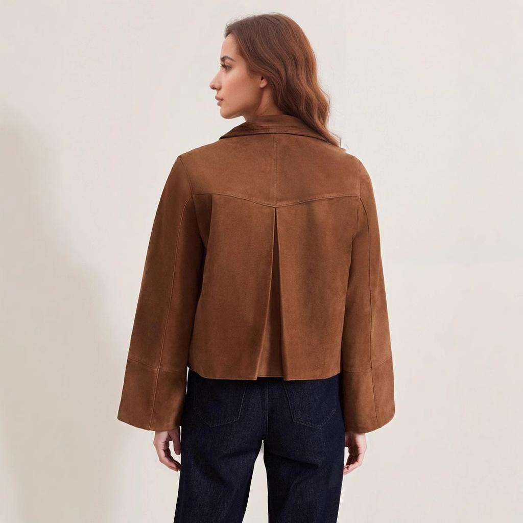 Women Tan Faux Suede Crop Jacket Collar Button Front Flap Pockets Vintage Fall Coat