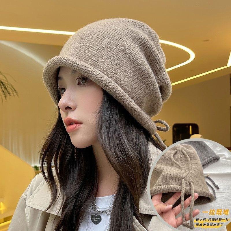 

Autumn and winter new drawstring stacking hat female face small bag head hat fashion cold hat big head circumference warm wool hat
