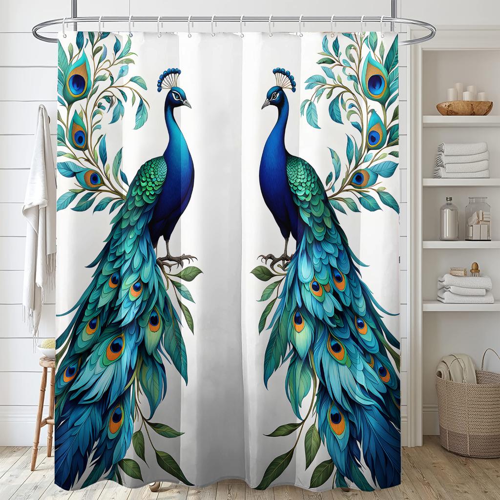 1pc Elegant Peacock Print Shower Curtain, 71x71 Inches, Polyester Fabric with Hooks, Vibrant Blue and Green Peacock Design,