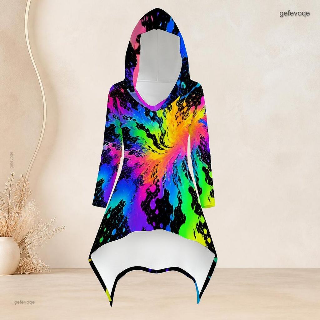 Women Plus Size Black Gold Printed Hooded Long Sleeve High Low Top And Fitted Pants Two Piece Set