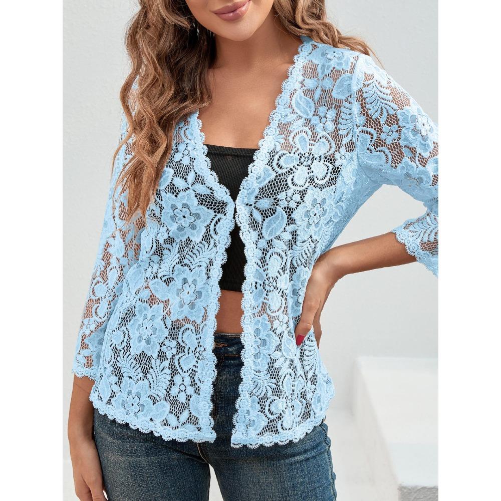 Nový volný a všestranný plus-size krajkový top s ochranou proti slunci a průsvitným kardiganem s výstřihem