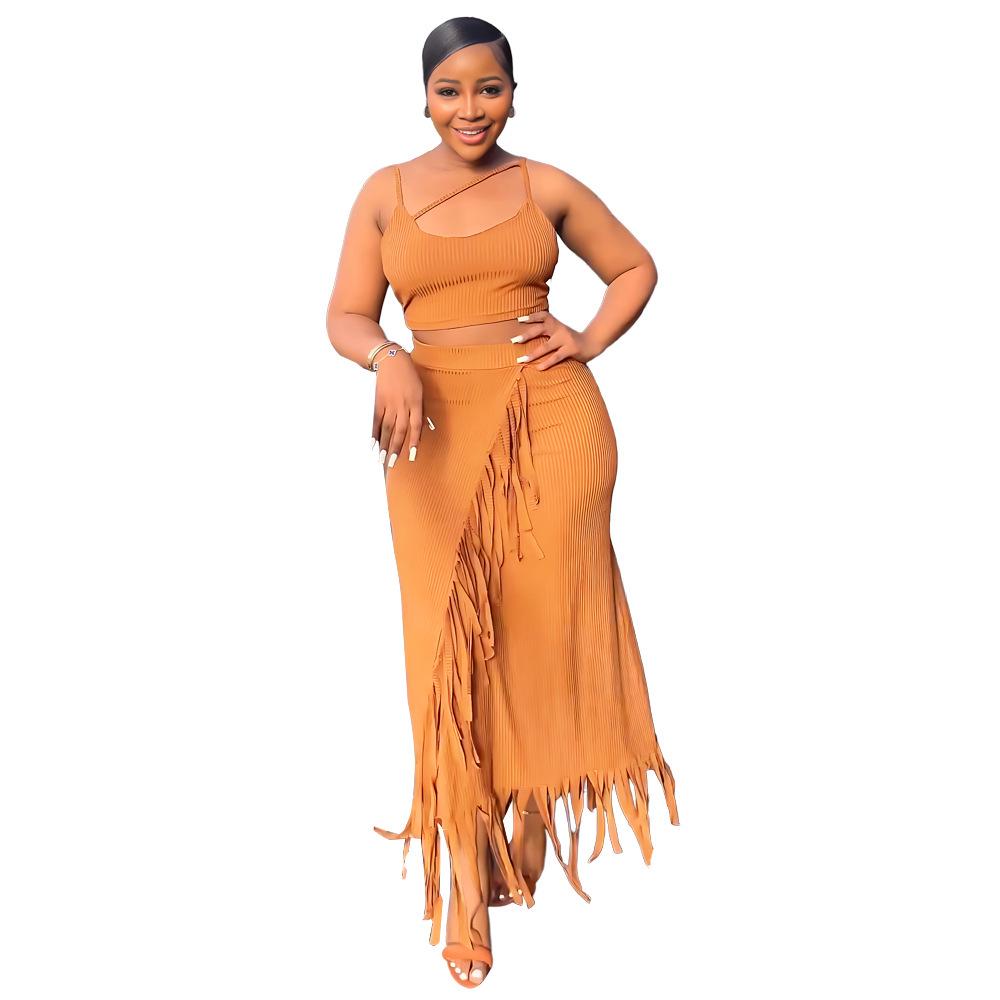 

Европейский и американский комплект из двух предметов: кроп-топ без рукавов и длинная юбка с кисточками Small оранжевый