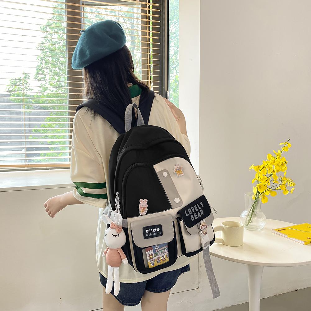Casual Preppy Style Students School Bags Fashion Canvas Contrast Color Large Capacity Knapsack Women Backpack with Cow Pendants