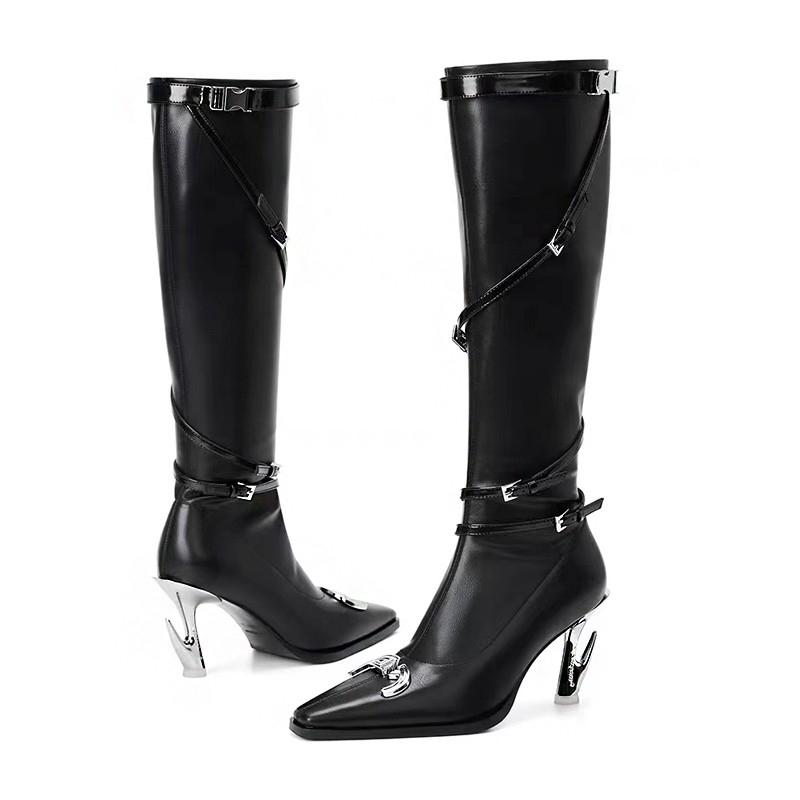 Fashion Spring/Summer 2025 Special Heel Thin Belt Functional High Heel Pointed Toe No Knee High Leather Boots Fashion Boots