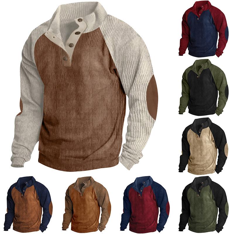 Autumn/Winter Men's Outdoor Raglan Sleeve Casual Stand Collar Loose-Fit Corduroy Colour-Blocked Sports Sweatshirt