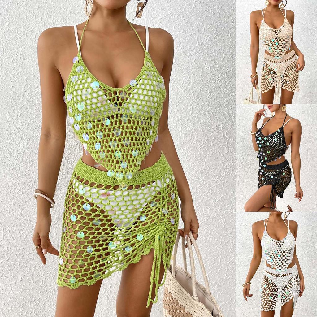 Beachwear Ladies Resort Beach Suit Pure Hand Hook Sequin Bikini Two-piece Beach Blouse