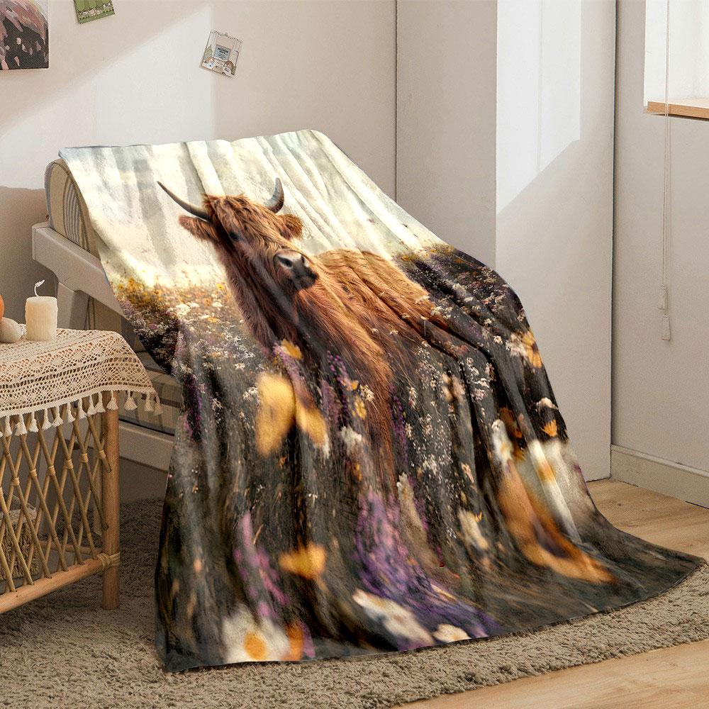 Highland Cow In a Flower Field Print Blanket Soft and Cozy Perfect for the Living Room Bed Sofa or a Nap,gift