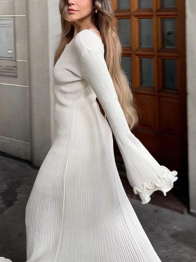 Elegant Flared Long Sleeve O-Neck Dress Women Casual Lace Fishtail Slim Party Dresses Female Fshion Chic Solid Summer Streetwear Dress
