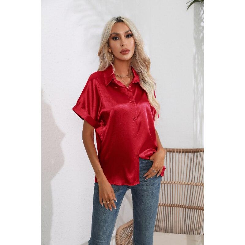 Summer Silk Shirts Women Button Up Satin Blouse Loose Office Short Sleeve Ladies Tops Casual Shirt Elegant