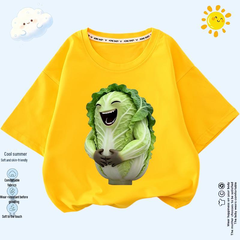 Kids' Smiling Cabbage Short Sleeve T-shirt - Fun Veggie Print, Lightweight, Unisex