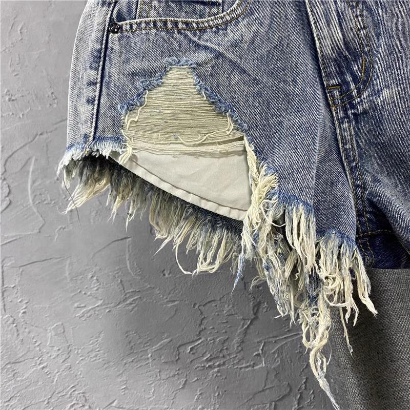 Vintage Low Rise Denim Shorts with Fringe & Ripped Pockets