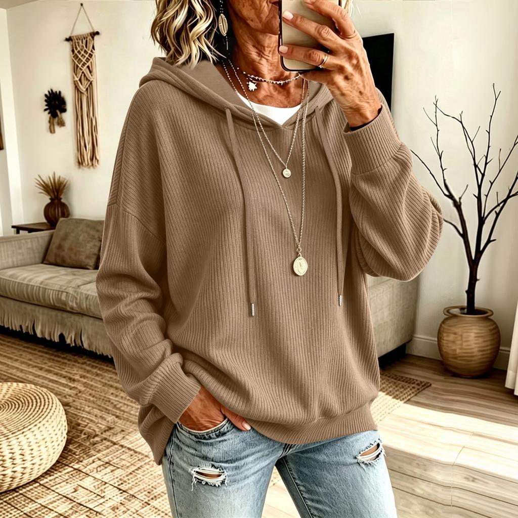 Women's Color Hooded Corduroy Knit Sweatshirt Casual Pullover Top