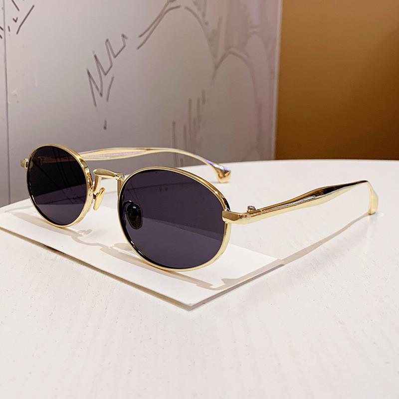 Metal Frame Oval Sunglasses With Transparent Tea Lenses For Outdoor Activities BrightGoldGray