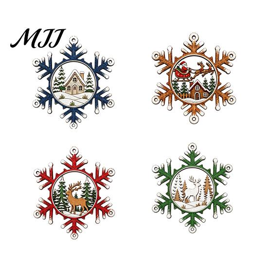 Lightweight Wooden Xmas Tree Hanging Set 4 Pcs Christmas Snowflake Ornaments, Rustic Decoration with Indoor Window Wall Ornaments Elk Village