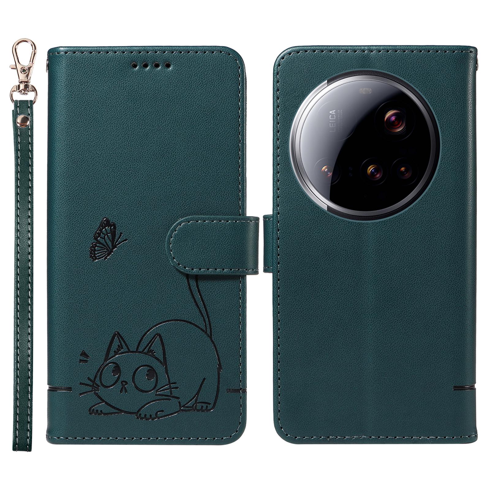 

For Xiaomi 15 Ultra Wallet Case with Wrist Strap Cat Pattern Imprint Leather Phone Cover Blue
