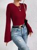 Burgundy Bell Sleeve Round Neck T-shirt - Autumn/Winter Versatile Top