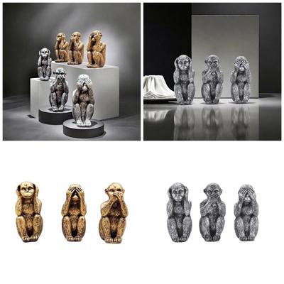 Set di 3 Sculture di Scimmie Dorate Statuette del Non Vedere, Non Sentire, Non Parlare il Male per Libreria e Decorazione della Camera da Letto