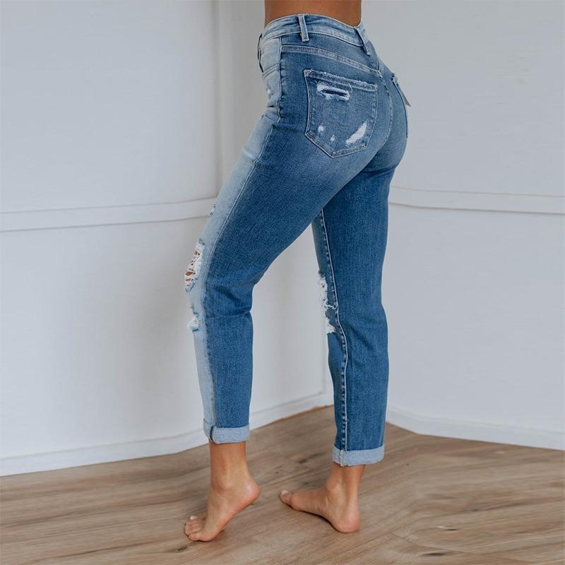Ripped Jeans Women's Washing Gradual Change Straight Trousers