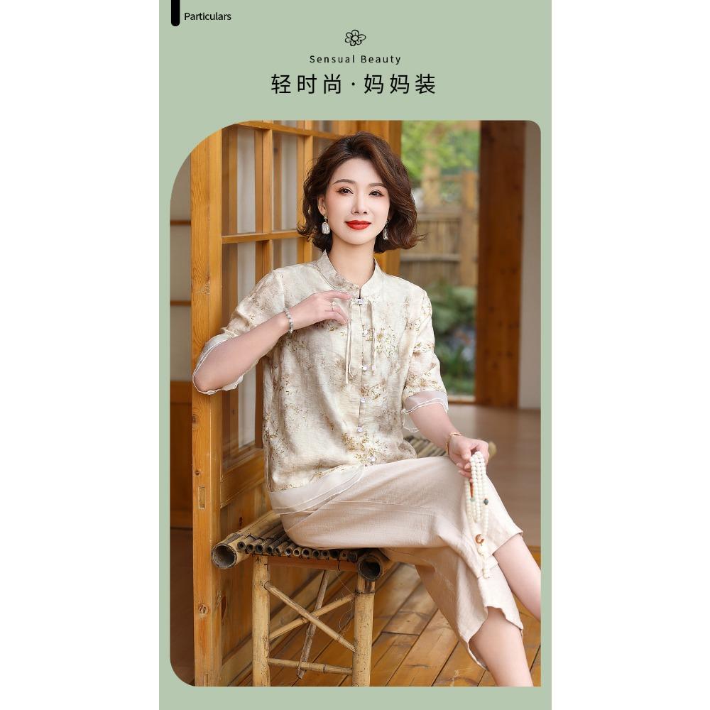 Sommer Baumwoll-Leinen Stilvolles Sommer Kurzarm Damenhemd für Mütter mittleren Alters