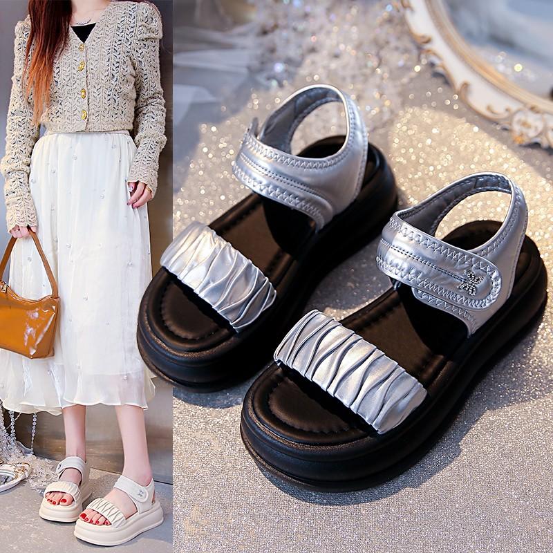 Fashion Sandals 2024 Summer New Style Silver Sports Casual Magic Stickers Beach Shoes for Boys and Girls