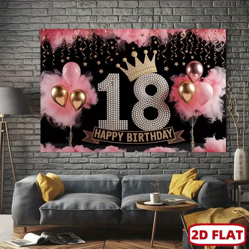 2D Outdoor 18th Birthday Backdrop with Crown & Balloons for Girls Party