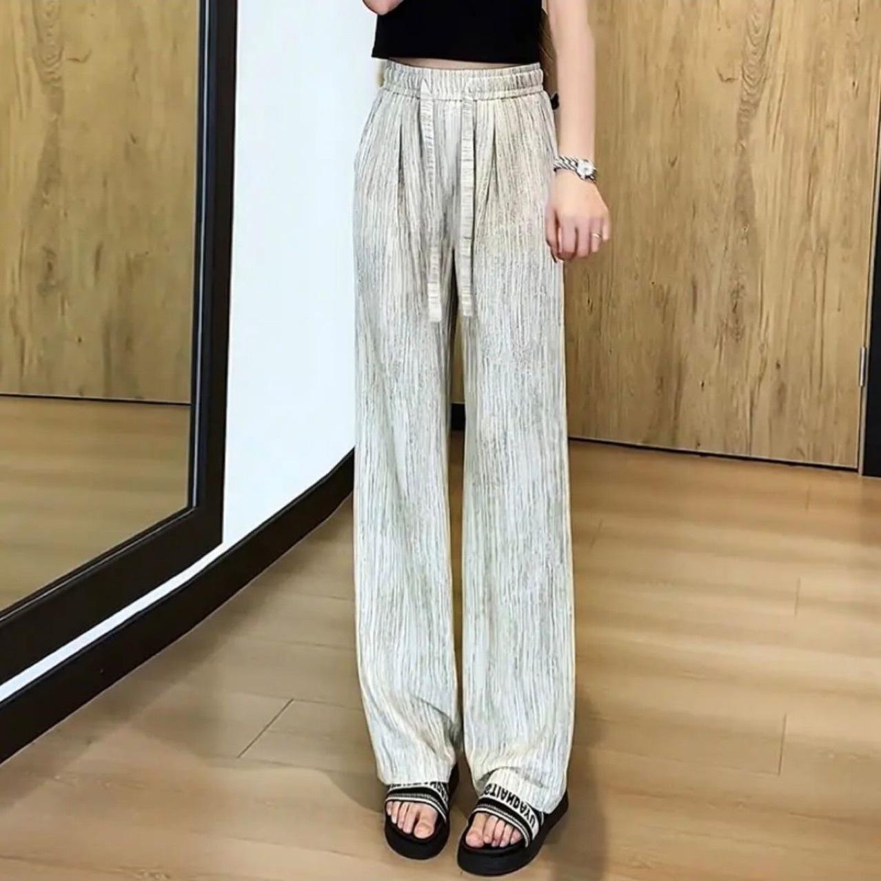 

2025 Women s High-Waist Ice Silk Crepe Wide-Leg Pants, Casual Floor-Length with Drawstring L (100-115 lbs)
