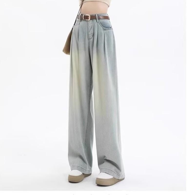 Women High Waist Pleated Wide Leg Jeans Lazy Draped Straight Floor-Length Denim Trousers Fashion Loose Long Pants