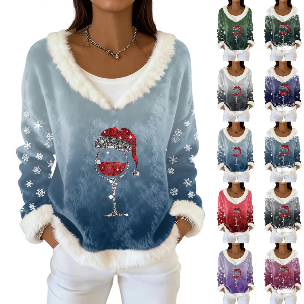 Dame Mote Plysj V-hals Pullover Topp Langermet T-skjorte Juletrykket Genser