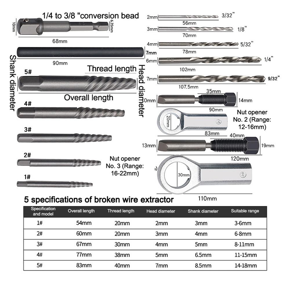 Set de instrumente pentru îndepărtarea șuruburilor pentru piulițe deteriorate, 28 buc. Extractor de șuruburi pentru piulițe rupte