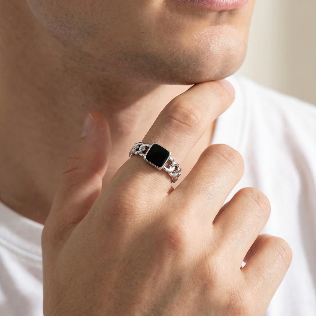 Men's Metal Open Ring,Black Square Enamel Chain Ring,Hip Hop Punk Jewelry Gift