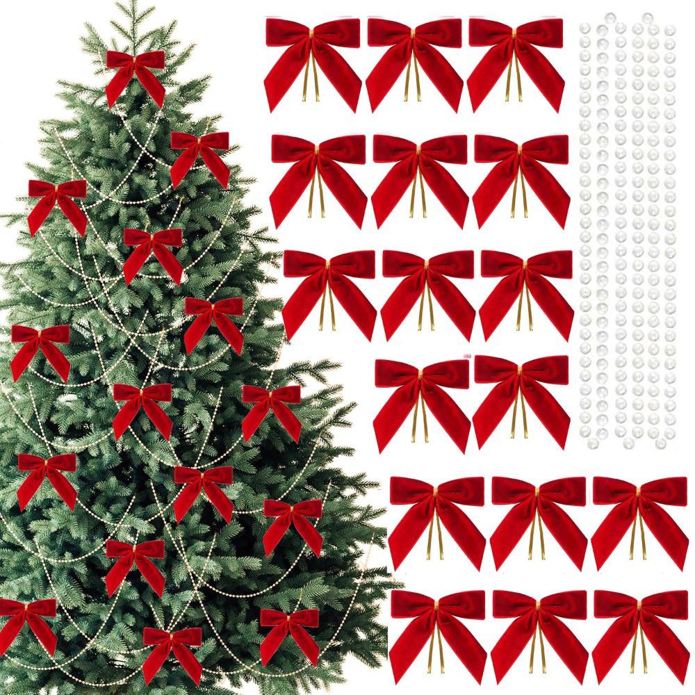 24PCS Vintage Christmas Tree Bows Velvet Handmade Wreath Bows Decoration with Pearl Chain DIY Christmas Tree Topper Ornaments