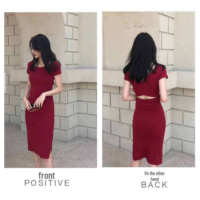 Korean Style Sexy Mid-Length Slit Backless Dress - Polyester Fiber