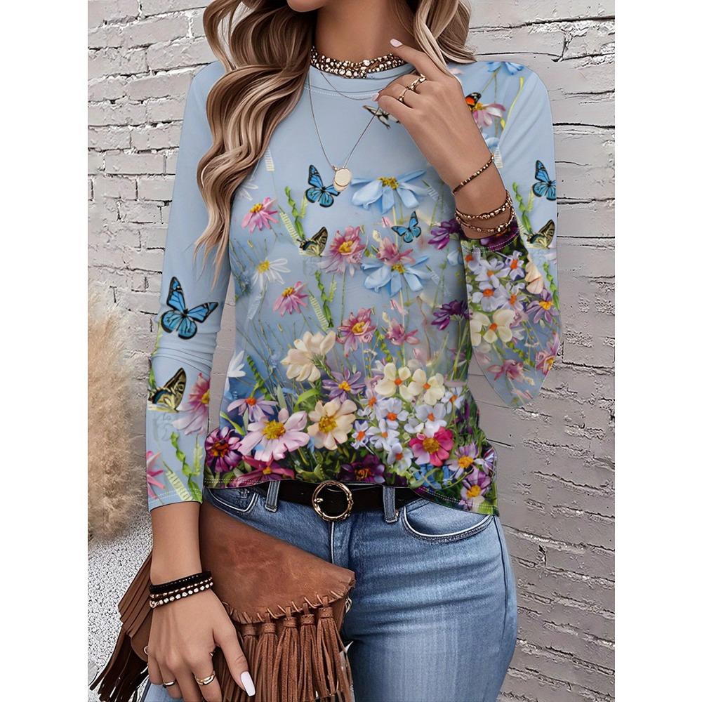 Women's fashionable long sleeved T-shirt with floral pattern