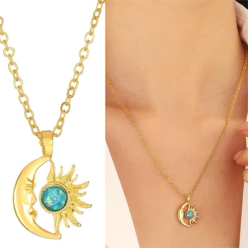 Elegant Sun Moon Pendant Necklace Unique Sun and Moon Charm Necklace Adornment Beautiful Opal Adorned Neck Chain Jewelry