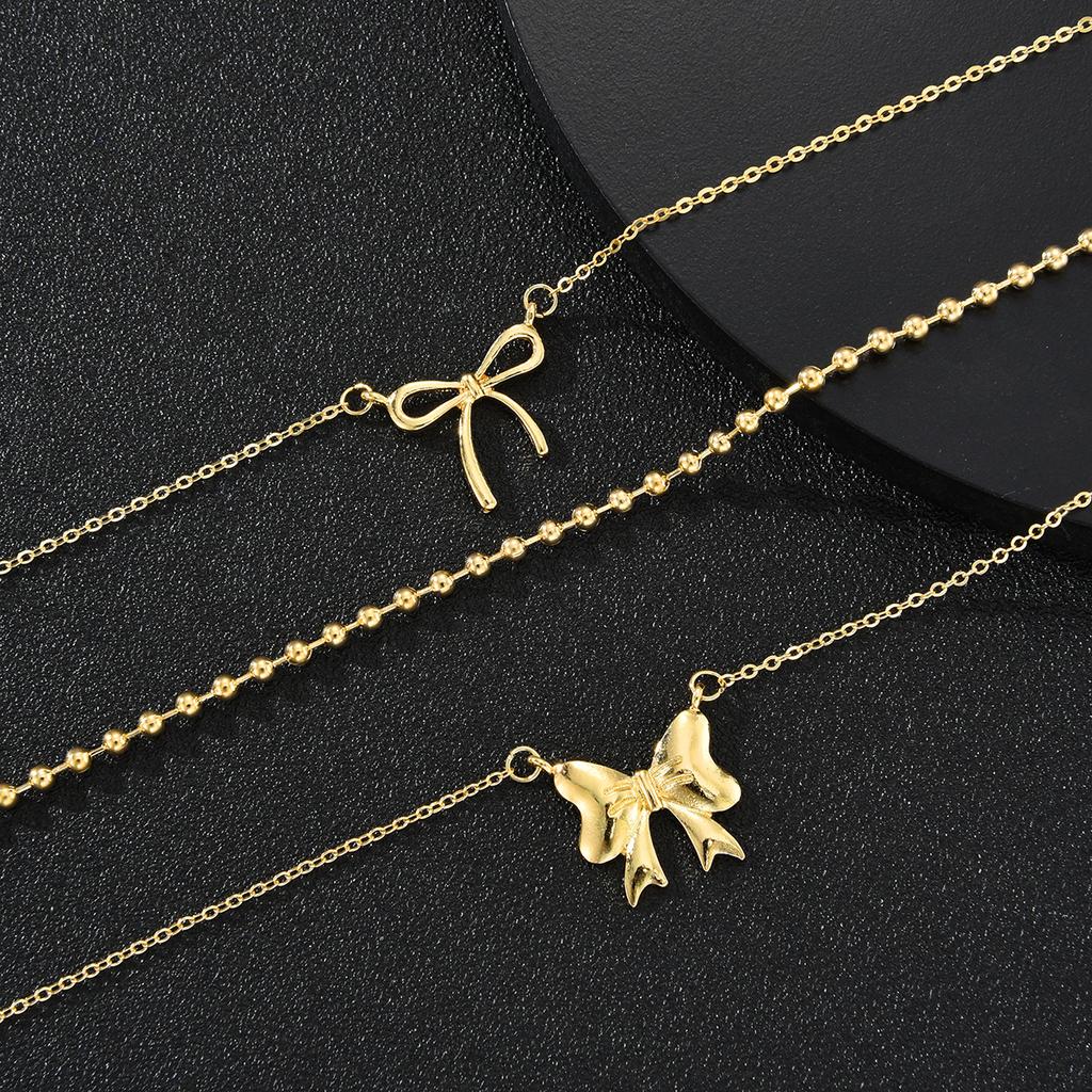 3Pcs/Set Bowknot Beads Pendant Necklace for Women Elegant Gold Color Multilayer Necklaces Sets Fashion Summer Waterproof Jewelry