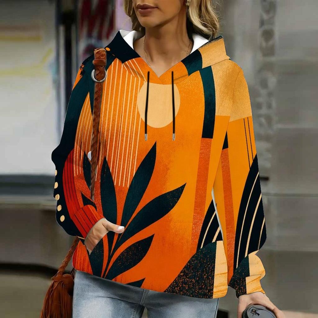 Women Plus Size Wave Printed White Long Sleeve Drawstring Hoodie Pullover With Kangaroo Pocket