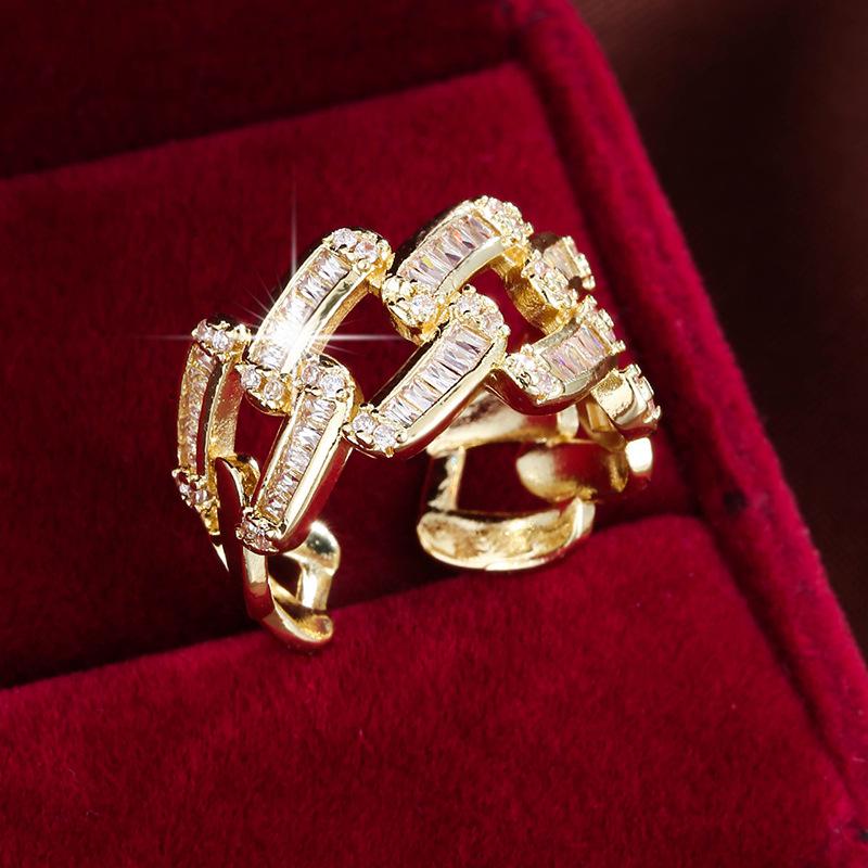 Elegant Open Adjustable Zircon Pinky Ring: Luxurious Full Diamond Chain Design In High-End Copper