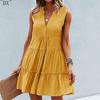 DX~~2023 Summer Europe and America V-neck Sexy Solid Color Dress Irregular Splice Sleeveless Commuter Big Swing Dress Women