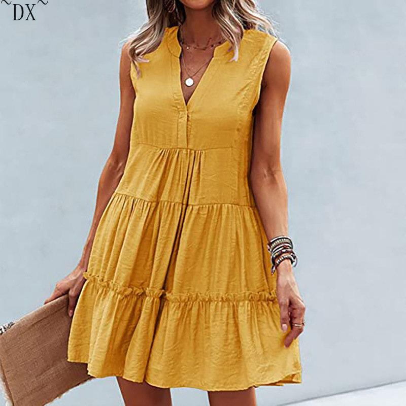 DX~~2023 Summer Europe and America V-neck Sexy Solid Color Dress Irregular Splice Sleeveless Commuter Big Swing Dress Women