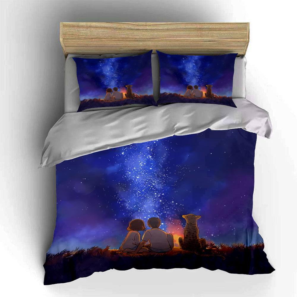 Starry Night Camping Scene Bedding Duvet Cover Set Duvet Cover Pillowcases  (1*Duvet Cover 2*Pillowcases, without duvet insert)