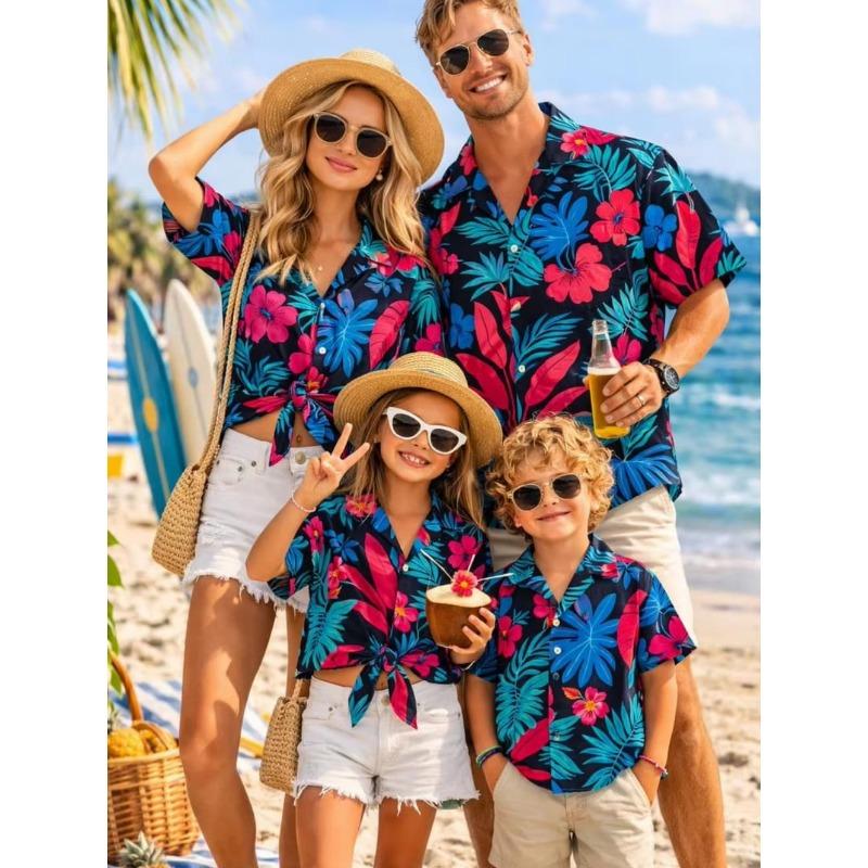 Summer Men's Family Wear Beach Hawaiian Shirt Tropical Summer Style Sandcastle Palm Tree Print Shirt Vacation Gift Child T-Shirt