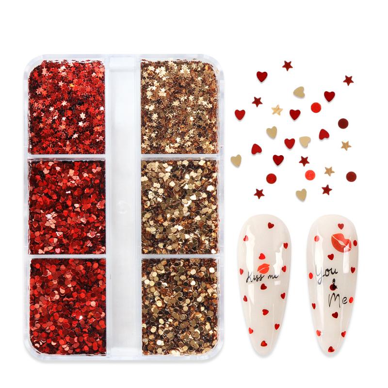 

6 Grids Cute Heart Glitter Nail Sequins Kawaii Mini Golden Red Laser Love Round Nail Flake Korean Star Diy Nail Charm Supplies Red Gold