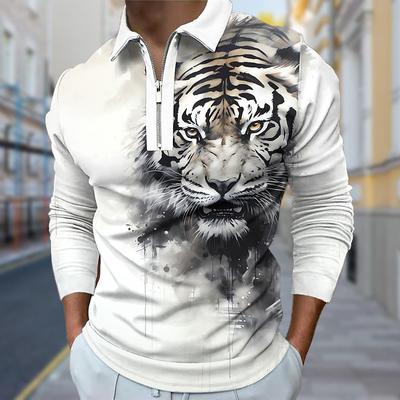 Polo Shirts Men Long Sleeve Shoulder Tiger Print New Men's Polo Shirt Long Sleeve Zipper T-shirt Top
