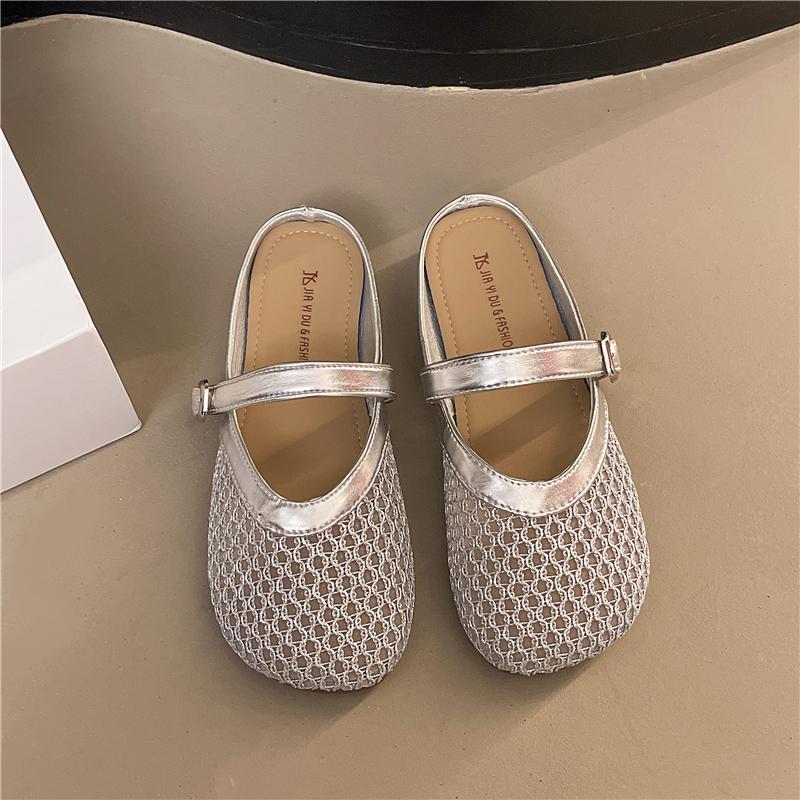 Fashion Aphixta New Summer Breathable Mesh Women Slippers Slip On Buckle Shoes Round Toe Flip Flops Beach Flat Heel Silver Slides Mules