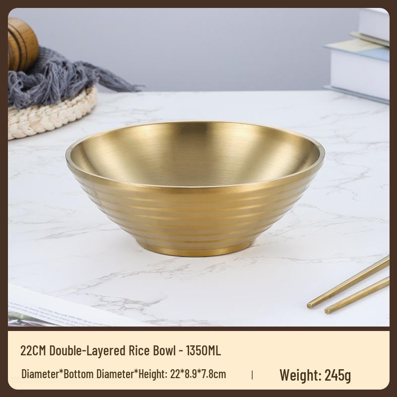 304 Stainless Steel Double Layer Heat-Insulated Ramen and Soup Bowl - Large Gold Noodle Mixing Bowl