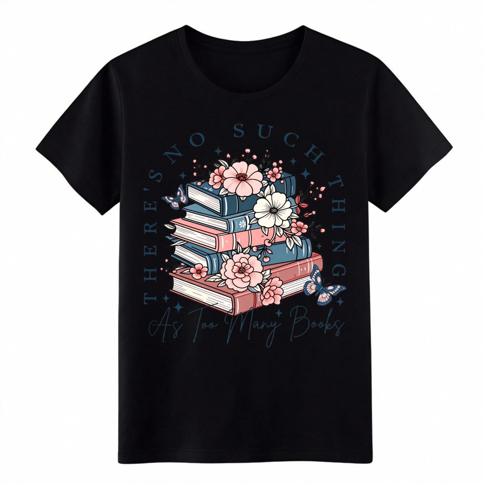 Book Lover Floral Book Stack Print T-Shirt Casual Reading Unisex Top S