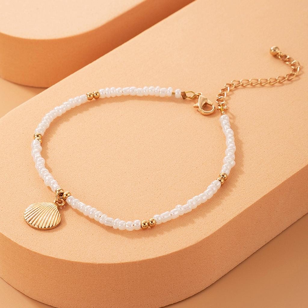 Classic Hot Selling Beach Holiday Imitation Pearls Chain Gold Color Conch Shell Pendant Anklet for Women Summer Ladies Gift