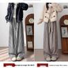 High Waist Pinstripe Wool Wide Leg Pants for Petite Women - Korean Style, Brown, Fall/Winter