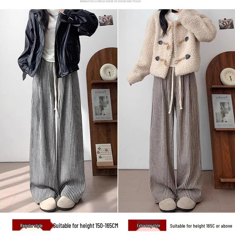 High Waist Pinstripe Wool Wide Leg Pants for Petite Women - Korean Style, Brown, Fall/Winter